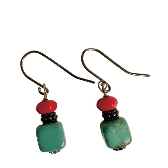 Sterling Silver Turquoise & Coral Dangle Earrings - Picture 1 of 8